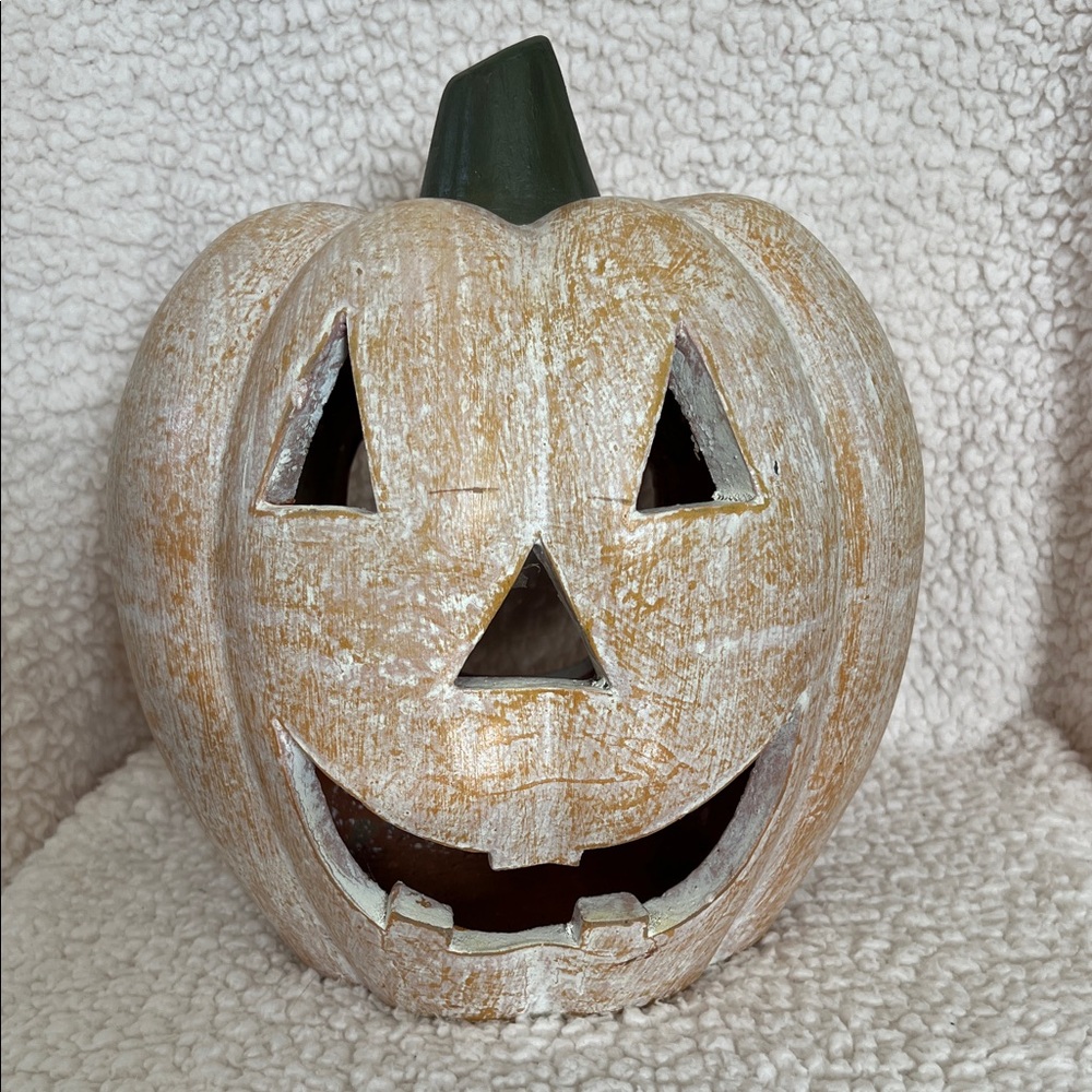 Rustic Ceramic Pumpkin Lantern.  Back open for lights or candles.